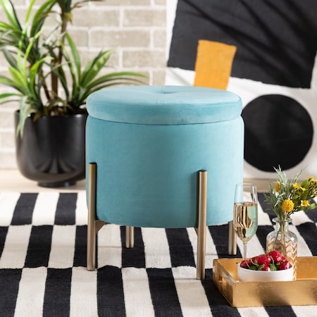 Baxton Studio Malina Glam and Luxe Sky Blue Velvet Upholstered and Gold Finished Metal Storage Ottoman 197-12220-ZORO